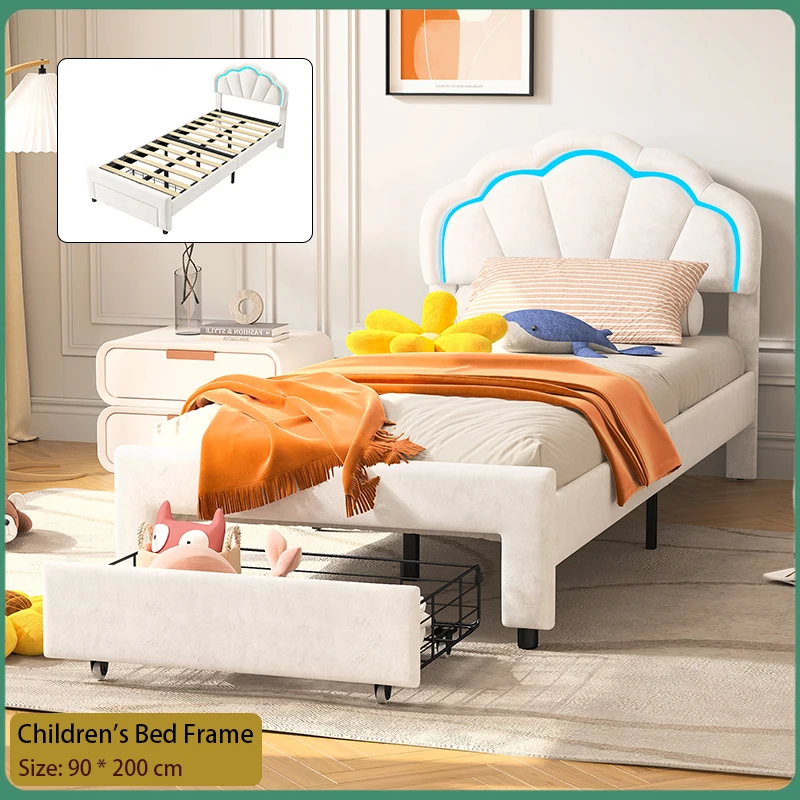 Anajqaqia Struttura letto per bambini 90x200 cm Testiera a forma di petalo, con luci a LED e cassetto portaoggetti