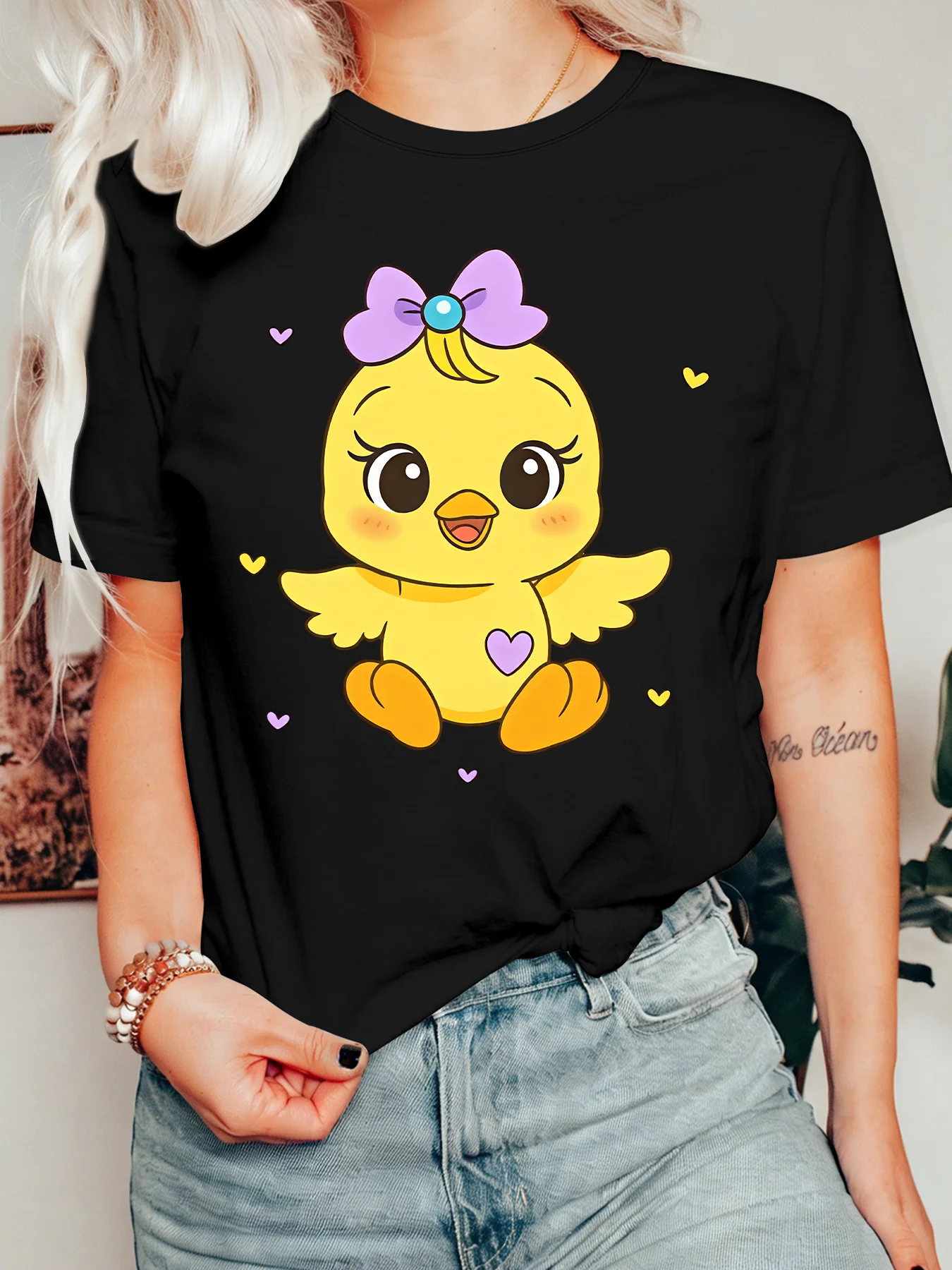 Cute Bow Little Chick Womens Crew Neck Short Sleeve T Shirt Sweet Heart Cartoon Baby Bird Lovely Casual Graphic Tees For Ladies