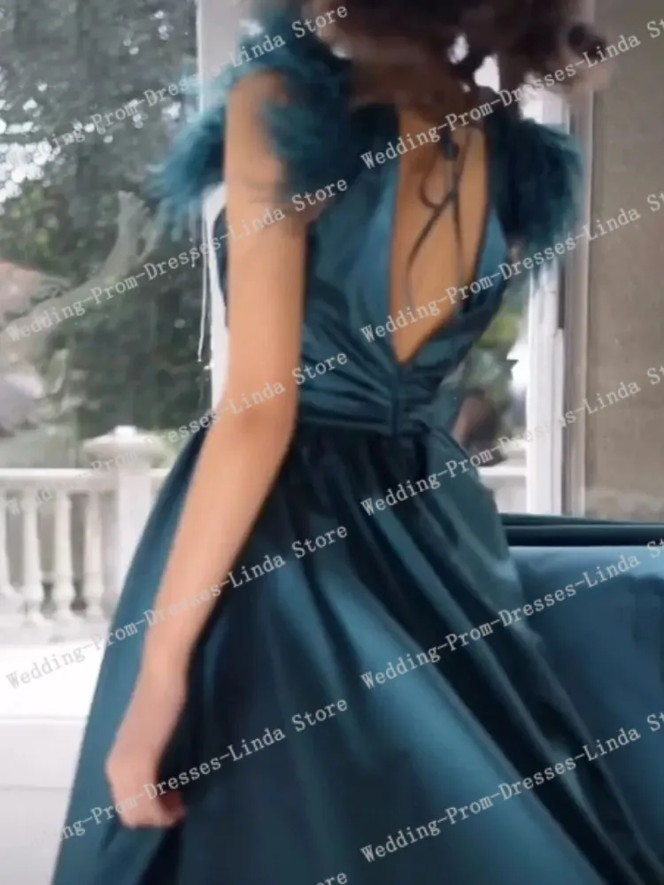 Blue Fashion Evening Dresses A-Line Sweetheart Floor Length Formal Prom Party Gowns Matte Satin Birthday Gowns Feathers