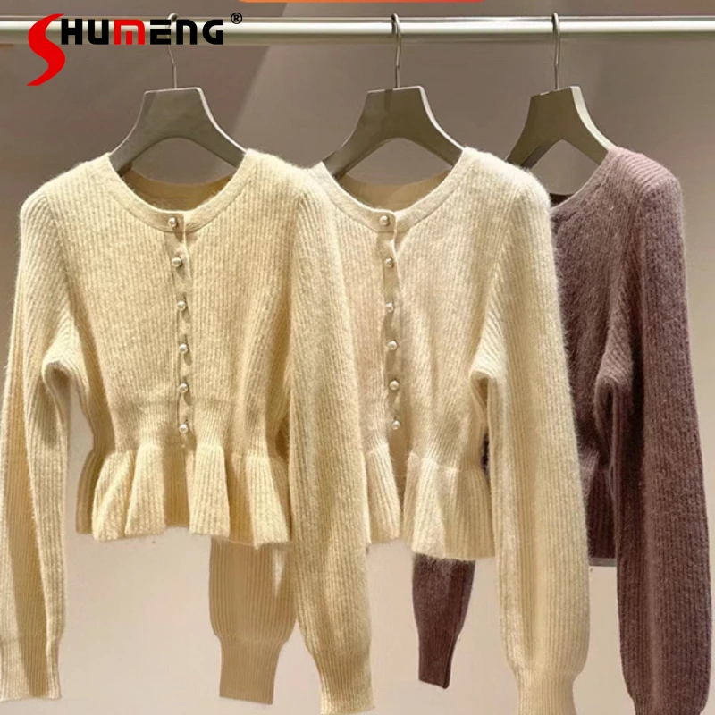 

2023 Autumn Winter New Women's Skirt Swing Waist Trimming Ruffles Knitted Cardigan Sweater Single-Breasted Slim Knitwear Coat