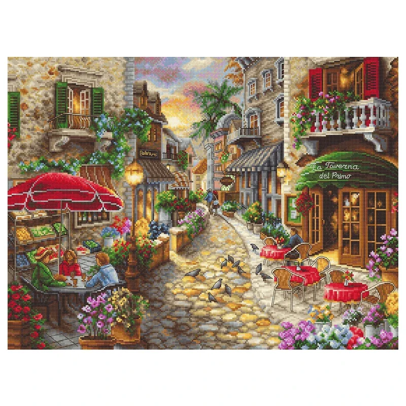 Amishop-Counted Cross Stitch Kit, Early Evening in Avola, Dorp Town Life, Street Shop, Embroidery, Needlework, LETI L8021