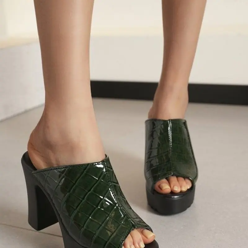 

2024 NEW Green Slippers Platform Slides Sandals for Women Open Toe Sexy High Block Heels Shoes Breathable Slip on Shoes 41