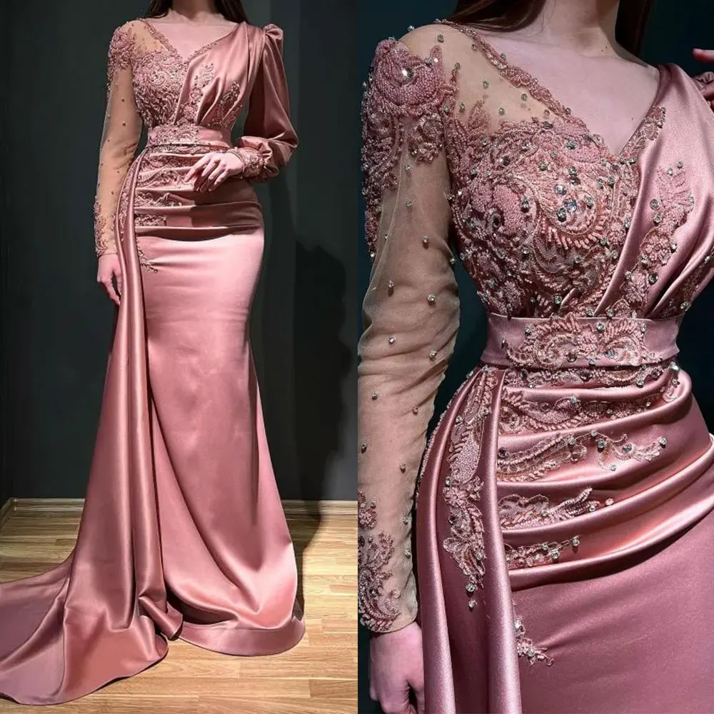 Abiti da sera Vintage a sirena rosa con scollo a v maniche lunghe Appliques al pavimento perline abiti da festa per occasioni formali abito madre