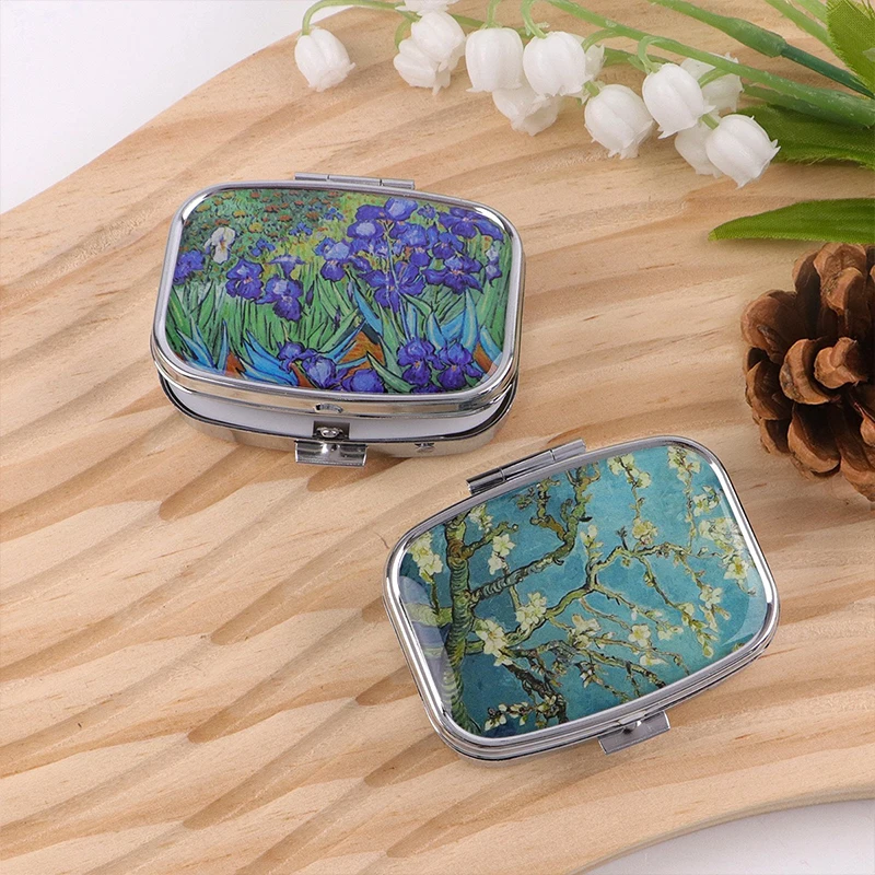 Retro-Printed Pill Box Compartmentalized Metal Square Pill Case Travel-Friendly Compact Pill Container Medicine Storage Box