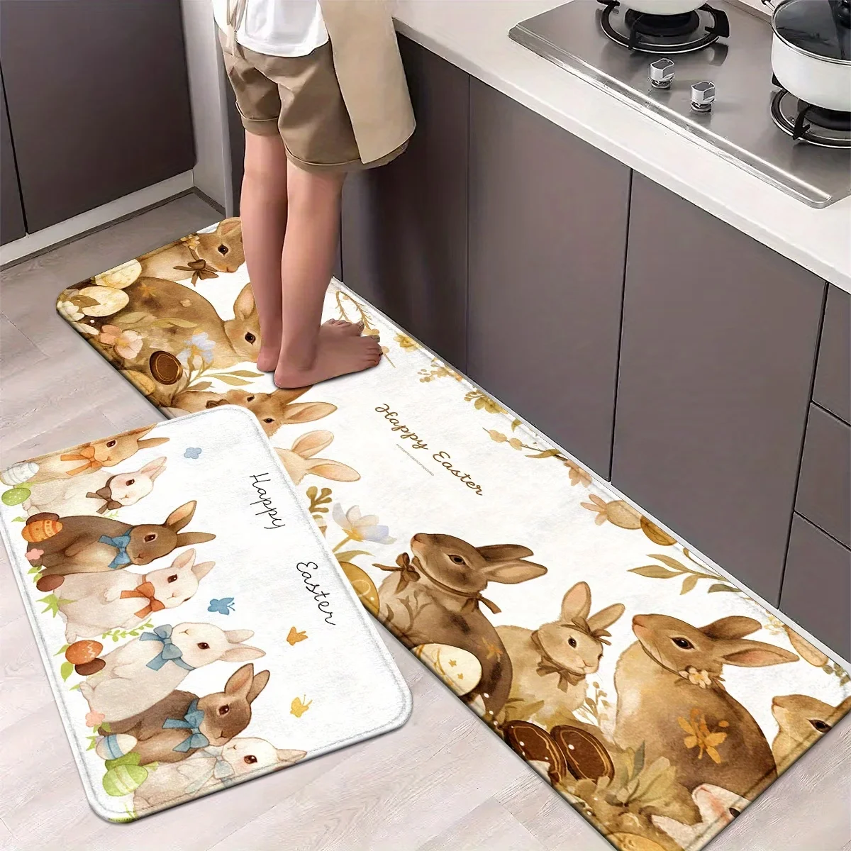 

Кухонный коврик на Пасху, нескользящий, из полиэстера, с изображением кролика, бабочки и пасхального яйца, для дома и офиса, удобный.
