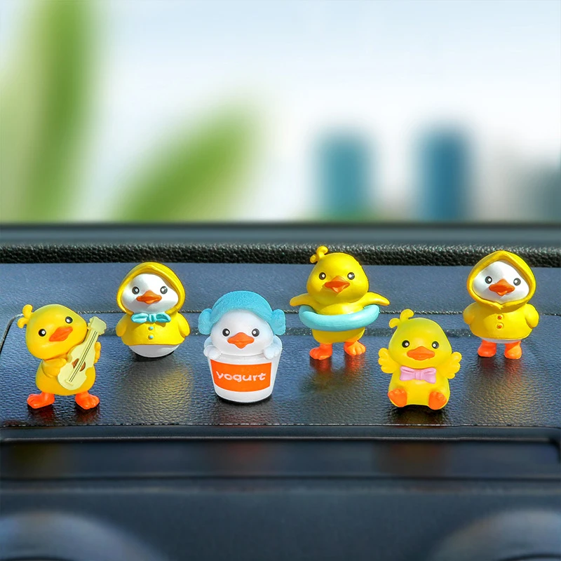 6Pcs Anime Figure Little Yellow Duck Model Decor Cute Car Mounted Ornaments Auto Interior Accessories For Girls Gifts