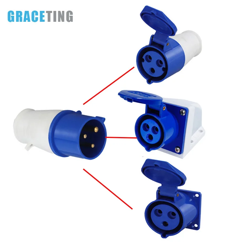 1Set 32 AMP 3 Pin Industrial Site Plug & Socket IP44 2P+E Male/Female Industry Electrical Socket Connector 220-240V Blue