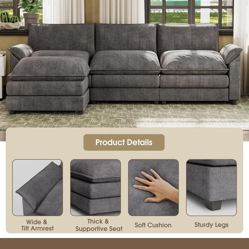 119” Sectional Sofa Modern Deep Couch with Reversible Ottoman, L-Shaped Chenille Fabric Modular Sofa Sleeper Comfy for Living