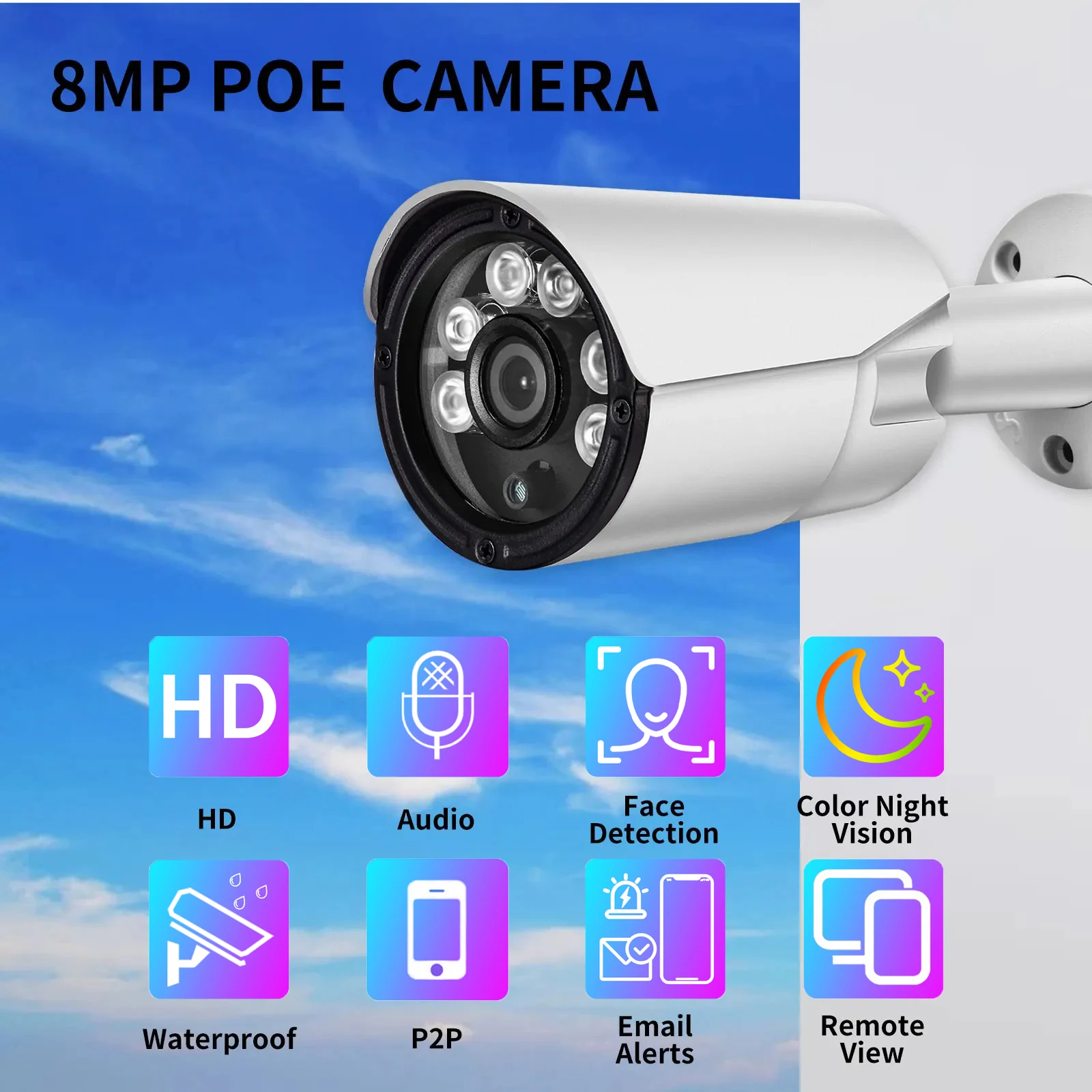 Gadinan HD 8MP POE IP Camera H.265+ Vidio Face Detection Color Night Vision Security Protection Dual Light Source Outdoor Webcam