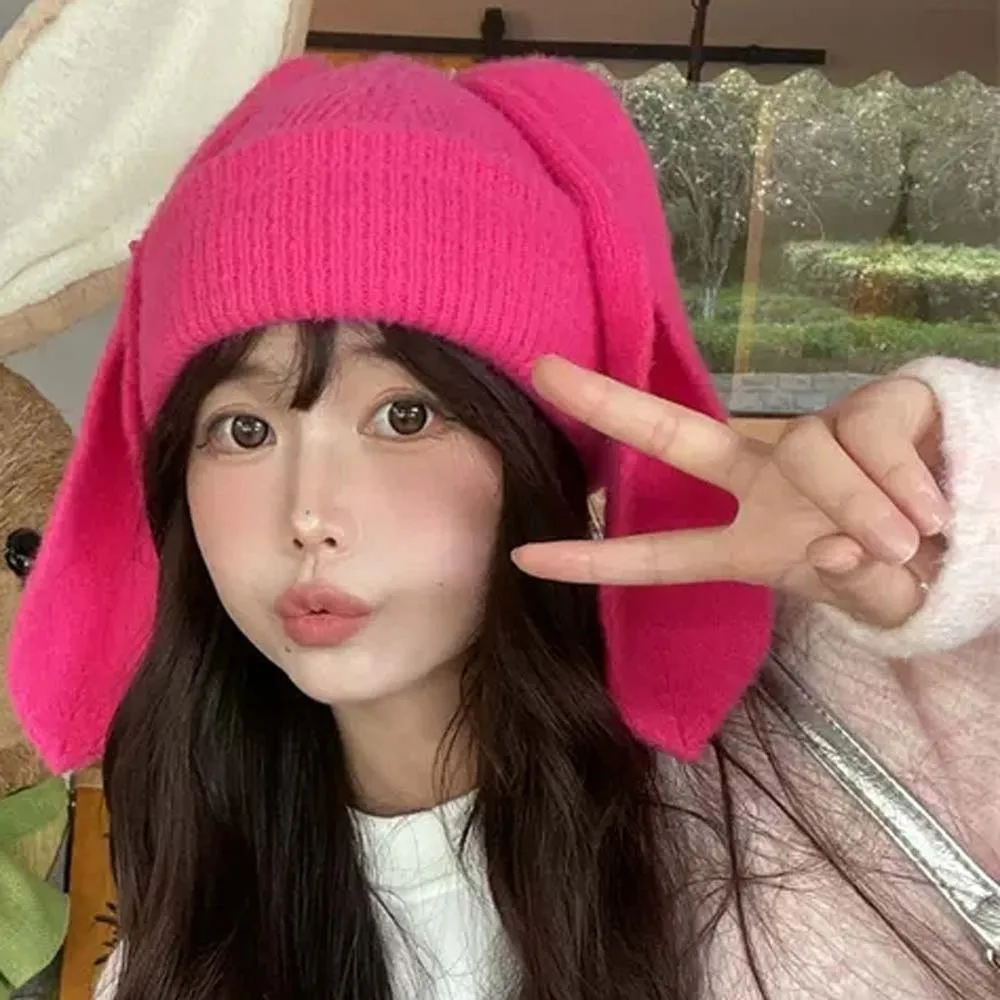 

Универсальная эластичная пуловерная кепка с кроликом в корейском стиле, мягкая шапка с кроличьими ушками, купольная универсальная однотонная вязаная шапка на открытом воздухе