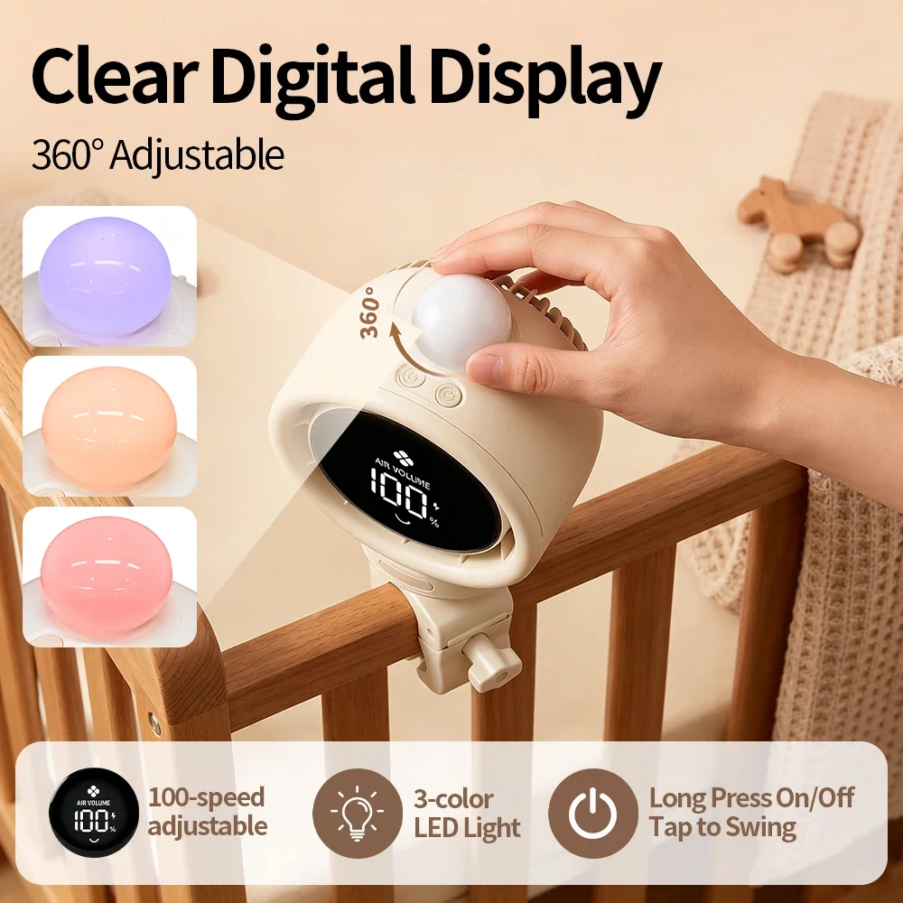 2026 New Portable Stroller Fan with Oscillation 100 Speeds Quiet Mini Clip on Fan 10H Battery USB C for Car Seat Crib Travel view 2