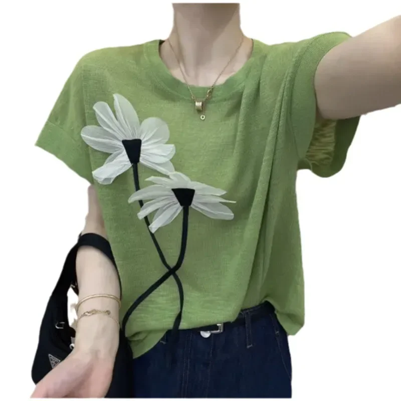 Flower Knitted Women's Top Fresh T-shirt Casual Bottom Pullover