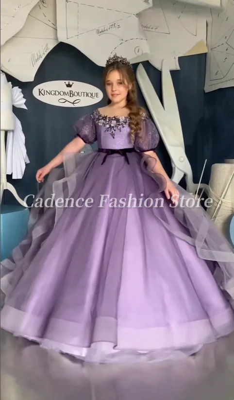 Personalizado lindo roxo flor menina vestidos flor applique arco vestidos de princesa vestidos de baile de casamento vestidos de festa de aniversário