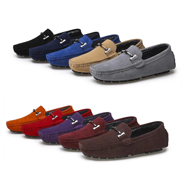 Mocasines de piel de vaca para hombre, zapatos informales sin cordones, cálidos, planos de lujo, para invierno