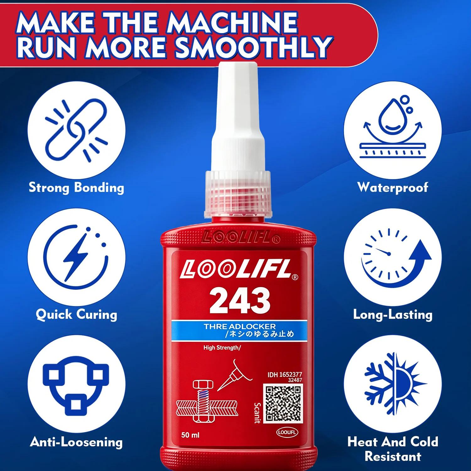 50ML 250ML LOOLIFL Blue Thread Locker 243 Nuts-Bolts Locker Screw Adhesive Lock Tight Seal Fasteners Anaerobic Curing Metal Glue