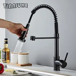 Kitchen Faucets Commercial Solid Brass Single Handle Single Lever Pull Down Sprayer Spring Kitchen Sink Faucet Matte Black