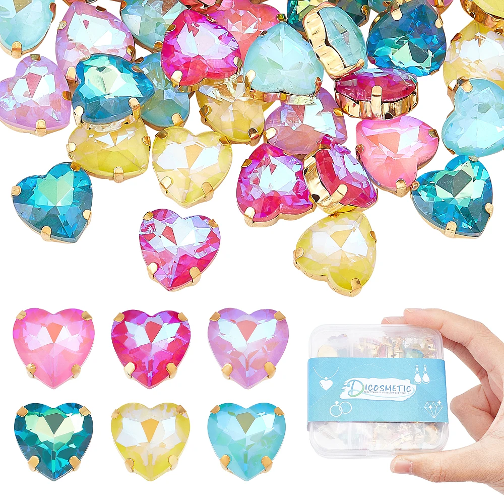 60Pcs Sew On Rhinestone Heart Rhinestones Heart Shapes Sewing Gems Rhinestones with Golden Plated Claw for DIY Jewelry Comstumes