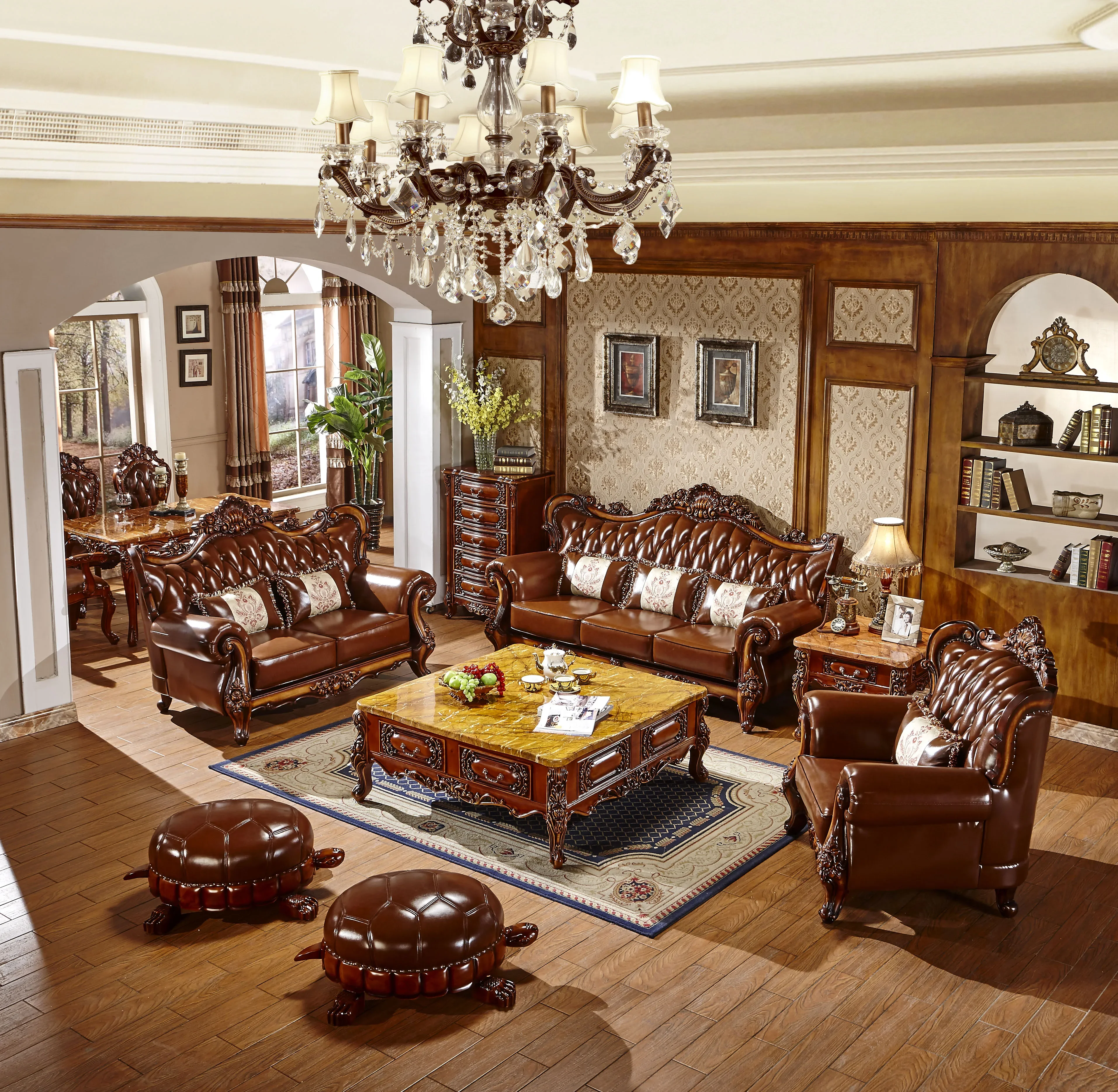 European style leather sofa 123 combination living room solid wood carving full package, cowhide size, American style sofa