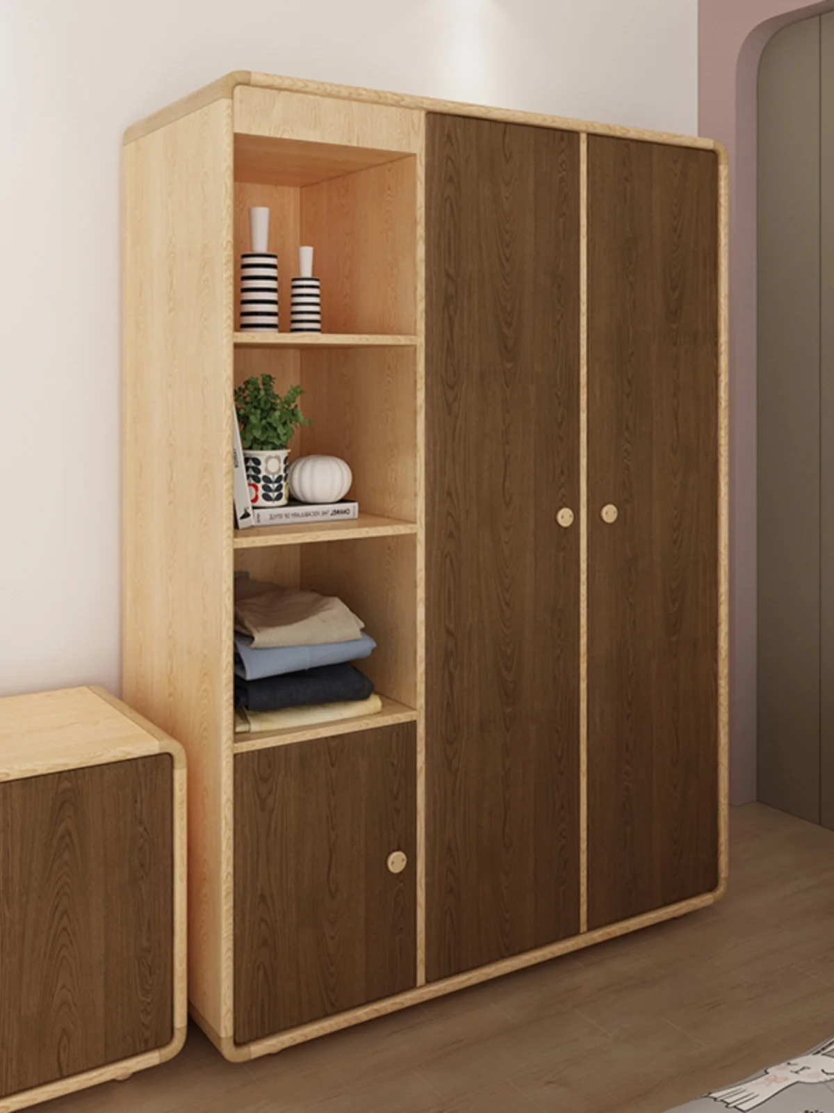 Nordic Simple Open Storage Cabinet Large Capacity Storage Cabinet Solid Wood Double Door Wardrobe Bedroom Large Wardrobe Foshan