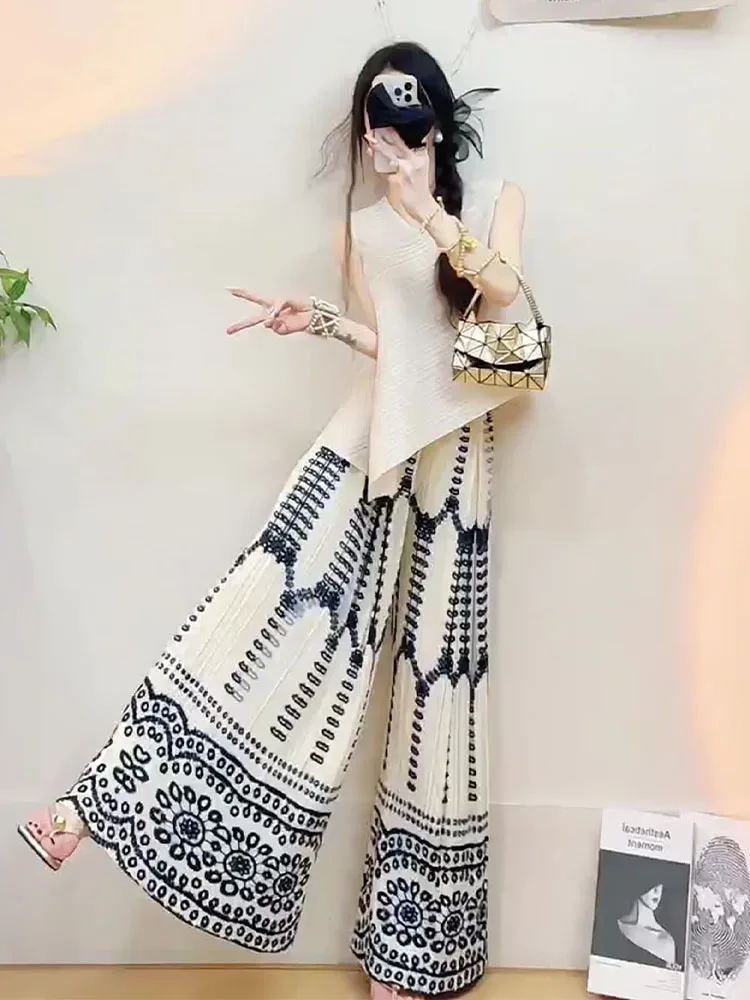 

Large Size Wide Leg Pants Set Irregular Hem Sleeveless White Top Summer Casual Style Breathable Polyester Two Piece Set