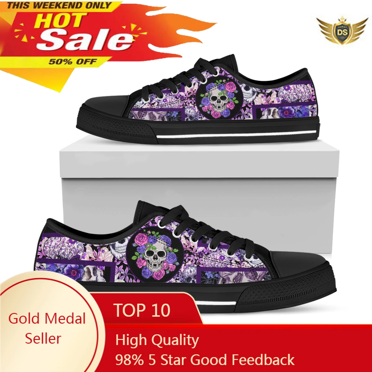 

Blue Flower Skull Prints Casual Shoes Women Lace Up Flat Shoes Sneakers Women Fashion Designer Zapatillas Vulcanize Shoes