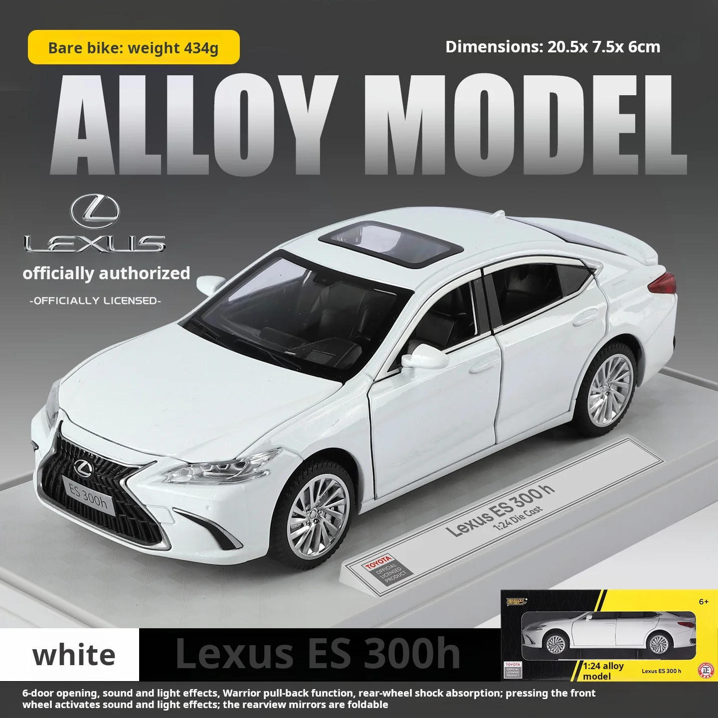 Officieel gelicenseerd 1:24 Lexus ES300h miniatuurmodel speelgoedauto's, gegoten van metaal, met geluid en licht, terugtrekmotor, simulatiemodel, cadeau voor jongens