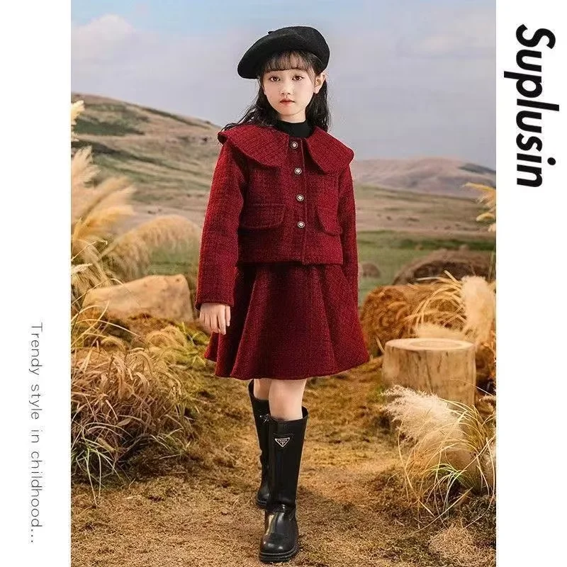 Girls Jacket Skirt Set Autumn Winter 2026 New Kids Red Thick Warm Coat Skirt 2 Piece Outfit Baby Toddler Fashion Clothing