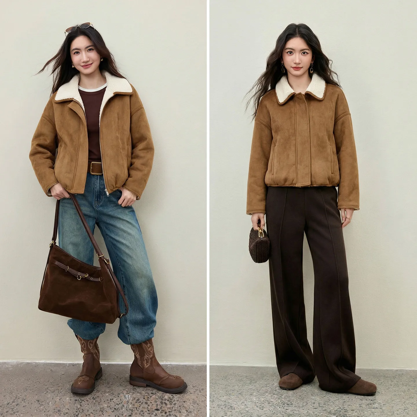 SENTUBILA Retro Muted Brown Tone Hot‑air Balloon Jacket 2026 Autumn Loose Drop‑shoulder Warm Fleece Daily Outerwear W64PD6530