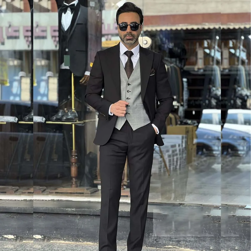 Elegant Black Men's 2 Piece Suits Luxury One Button Peak Lapel Slim Fit Male Clothing High Quality Wedding Jacket Pants Blazer