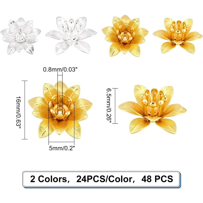 48Pcs 2 Colors 3D Brass Bead Caps 16x6.5mm Multi-Petal Flower Brass Bead Caps Filigree Spacer Bead for Bracelet Necklace