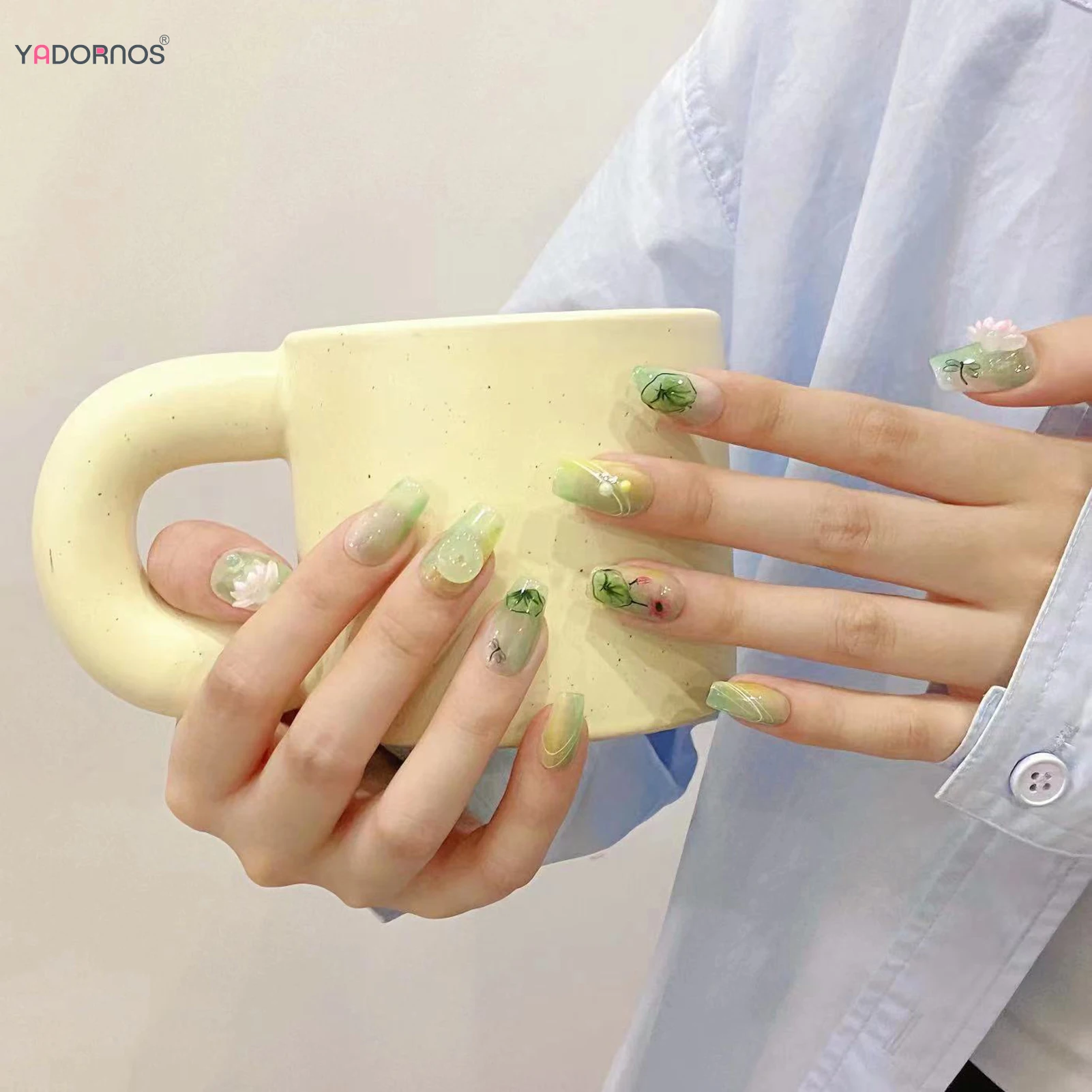 Uñas postizas de loto hechas a mano, 10 piezas, Color verde claro, diseños de libélula, uñas postizas de estilo chino para manicura DIY