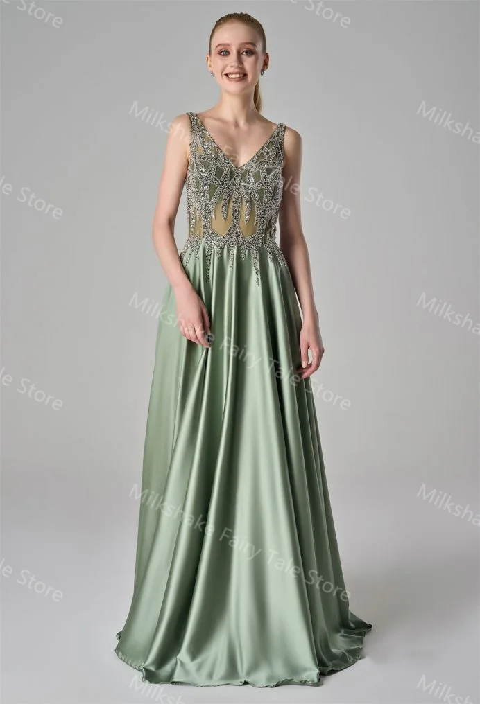 Green A Line Evening Dresses Glitter Lace Beads Sleeveless Prom Gowns V Neck Floor Length Customized Wedding Guest Gowns