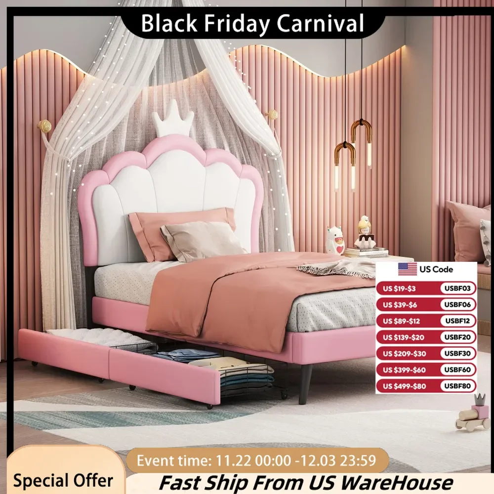 Upholstered Princess Bed, Beds with Crown Headboard and 2 Drawers, White and Pink, Platform Bed with Headboard and Footboard