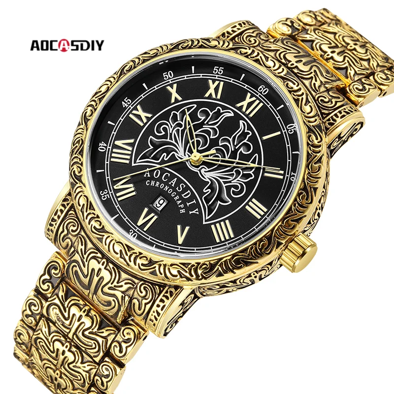New Classic Personality Vintage Gold And Silver Engraved Alloy Steel Band Quartz Watch Men\'s Fashion Personality Bowl Table