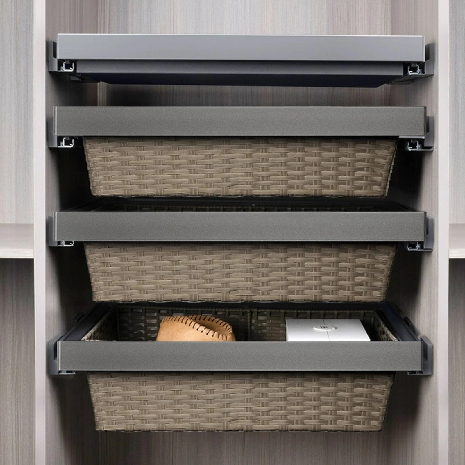

Pull out Pants Rack Soft Close Slide out Woven Basket Pull out Storage Basket Extendable Wardrobe Organizer Easy Reach