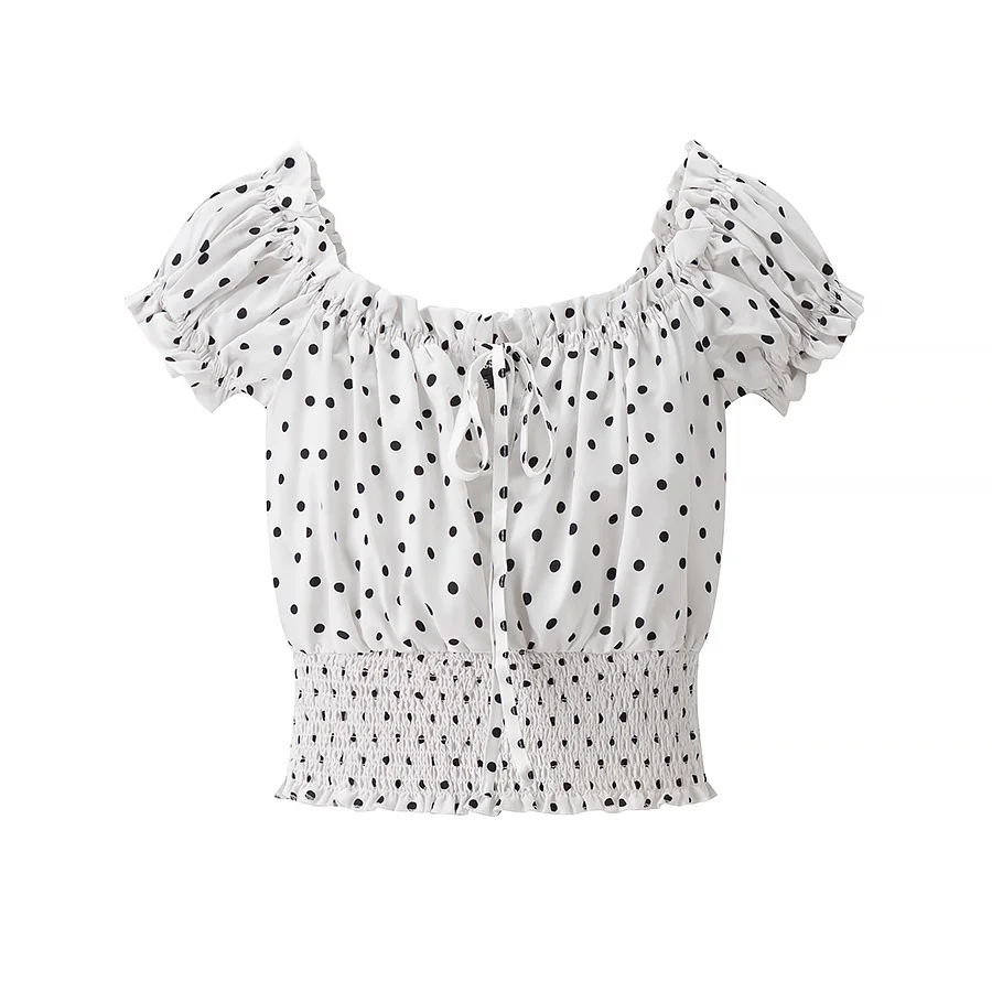 

Topenomi Retro Polka Dot Print Short Blouse Women Summer Lace Up Folds Slim Fit Waist Y2k Tops Korean Fashion Versatile Shirts