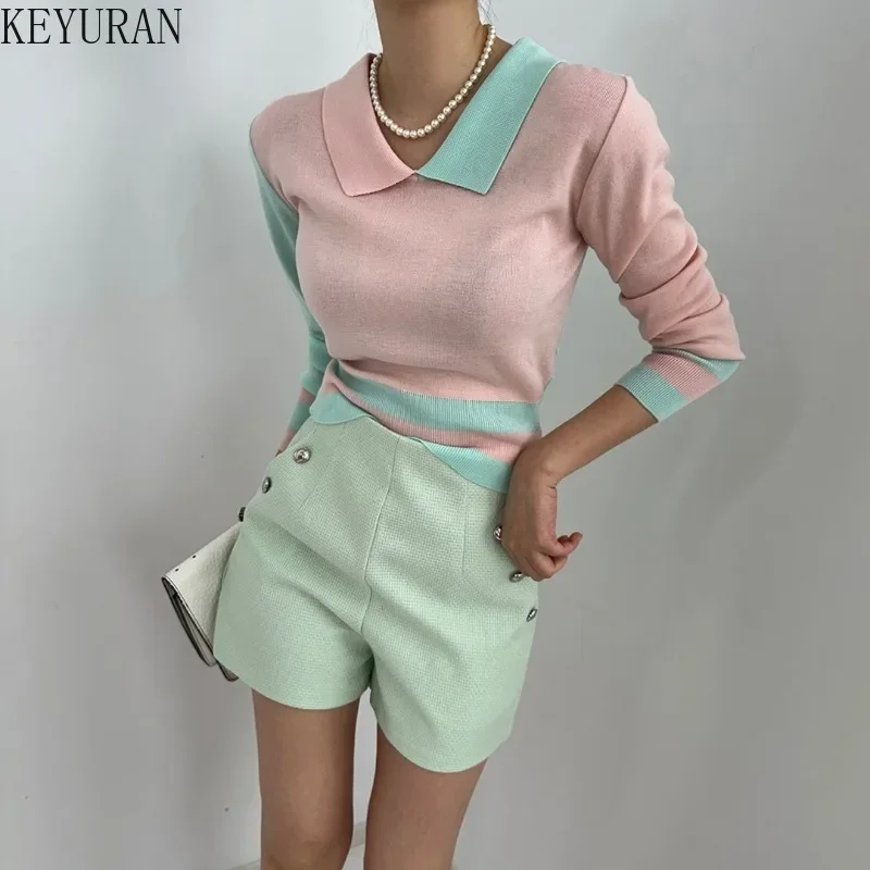 2024 Autumn Color Blocked Knitted Sweater Women Korean Fashion Chic Casual Slim Long Sleeve Crop Tops Pullovers Sweaters Jumpers