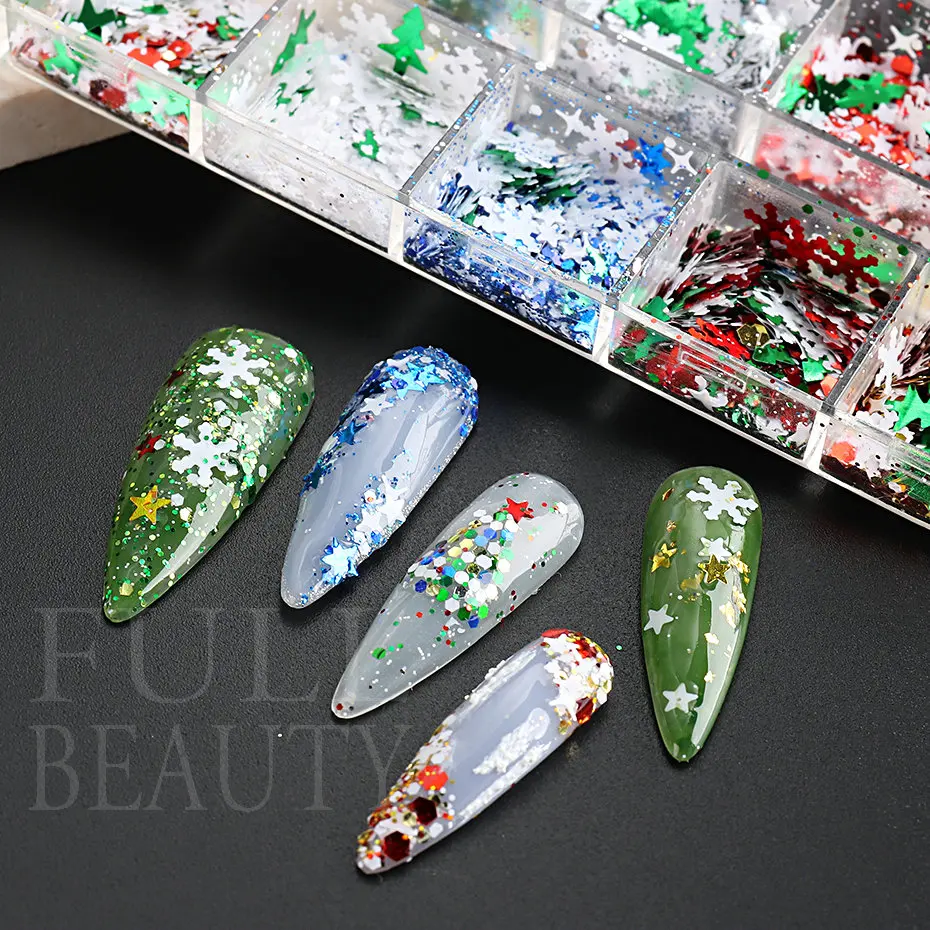 Merry Christmas Flakes Nails Art Glitter Green Red Xmas Sequins White Snowflakes Stars Paillette Winter Manicure Decoration #SDF