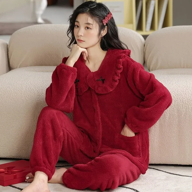 2023 New Sleepwear Women Autumn and Winter Coral Plush Thickened and Furnished Red Winter Warm Flannel Fashion Cozy Leisure Wear