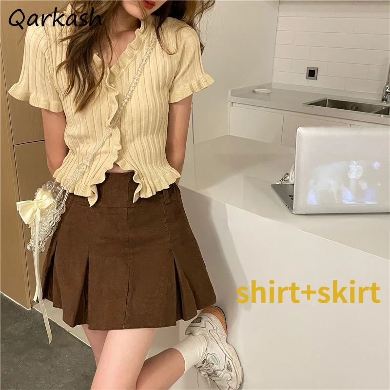 

Women Sets Cropped Edible Tree Fungus Single Breasted Top Mini Skirt Summer Slim Harajuku Fashion Ladies Soft Retro Design Ins