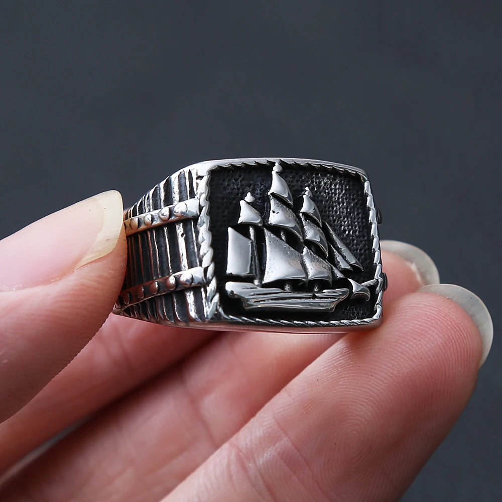 Vintage Viking Pirate Sailboat Ring Men Biker Ring Stainless Steel Viking Ring Sailor Lucky Amulet Jewelry Gift Size 7-15