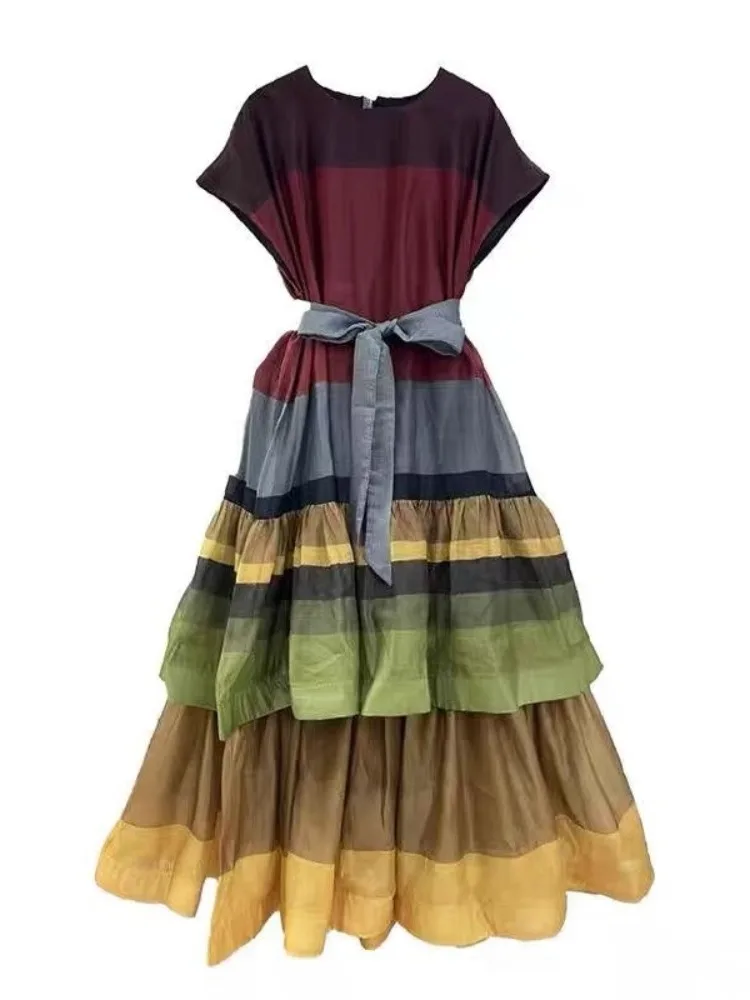 Yeezzi moda feminina colorido em camadas amarrado cintura vestido plissado 2025 nova manga curta solta o-pescoço festa noite midi vestidos