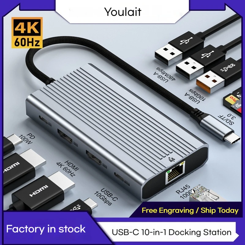 

Ten in one Type-C docking station dual HDMI 4K 60Hz three screen heterogeneous display docking station USB 3.0 hub