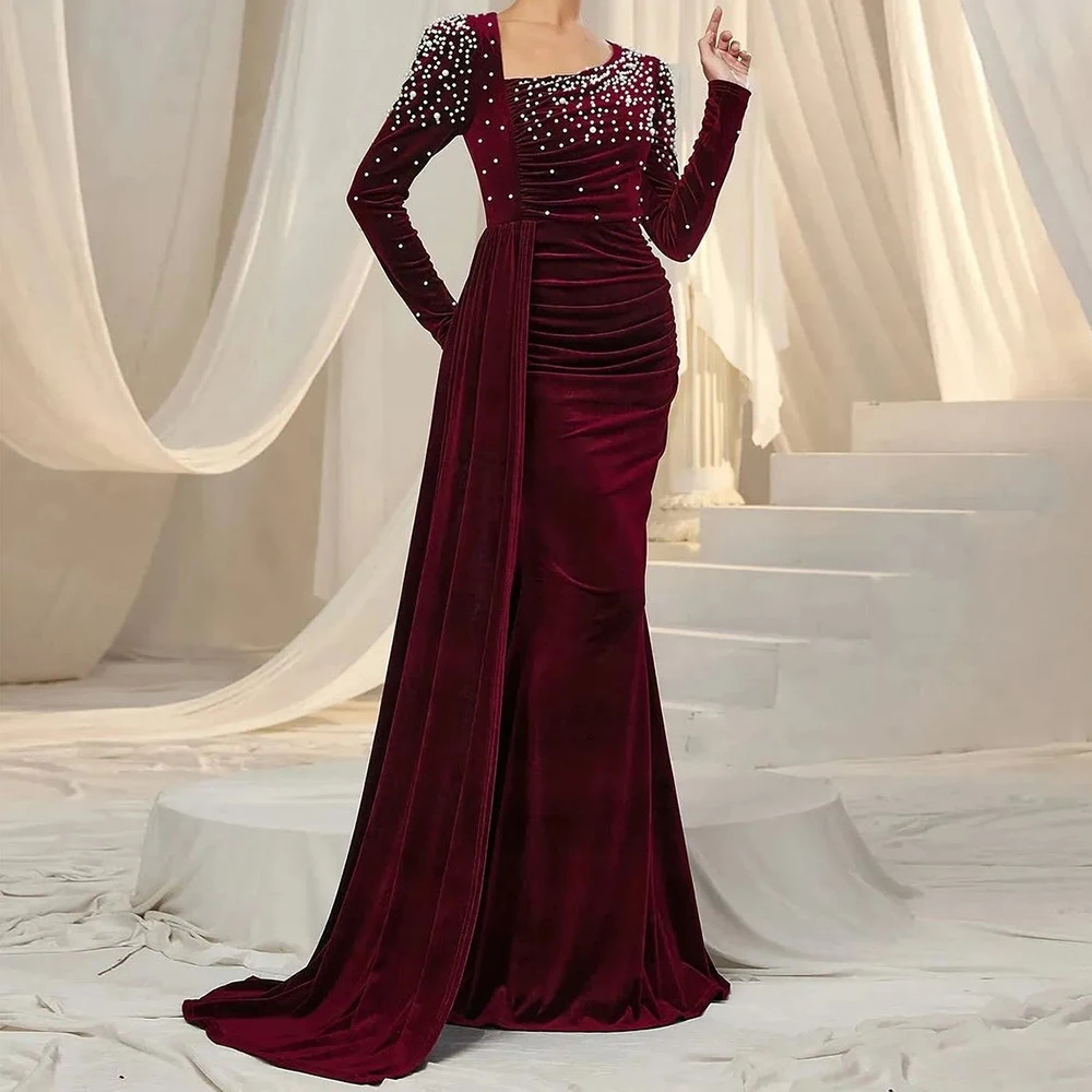 

Вечерние платья трапециевидной формы по индивидуальному заказу, длиной до пола, с v-образным вырезом и длинными рукавами, платье для выпускного вечера, модное плиссированное платье с бисером, простое драпированное вечернее платье