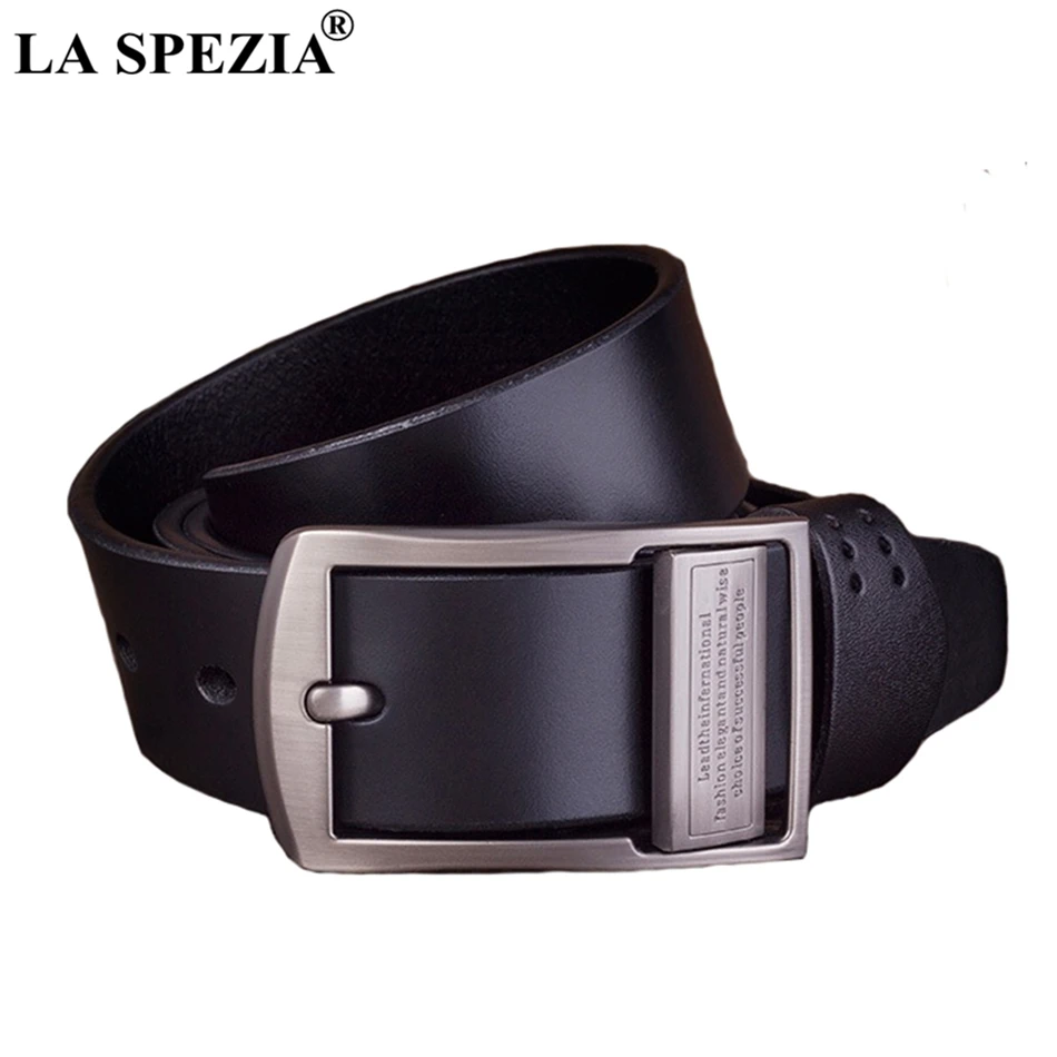 LA SPEZIA-Cinturón de cuero genuino para hombre, Correa con hebilla de Pin de café, letras clásicas de marca, sólido, Casual, de cuero de vaca Real, 130cm