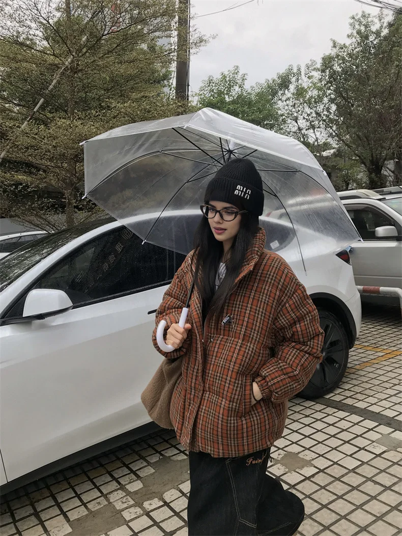 Women Winter Vintage Plaid Cotton Coats Korean Streetwear Fashion Thick Warm Bread Jackets Mori Kei Clothes