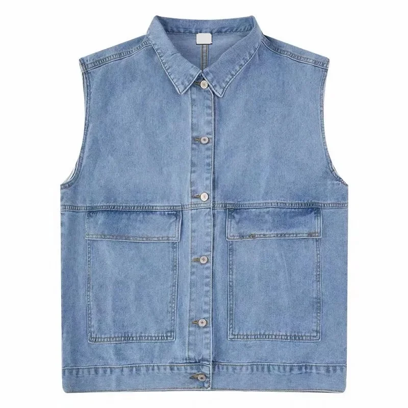 2023 New Oversized Denim Vest Women Harajuku Streetwear Sleeveless Jacket Spring Summer Korean Fashion Pocket Cardigan Casual