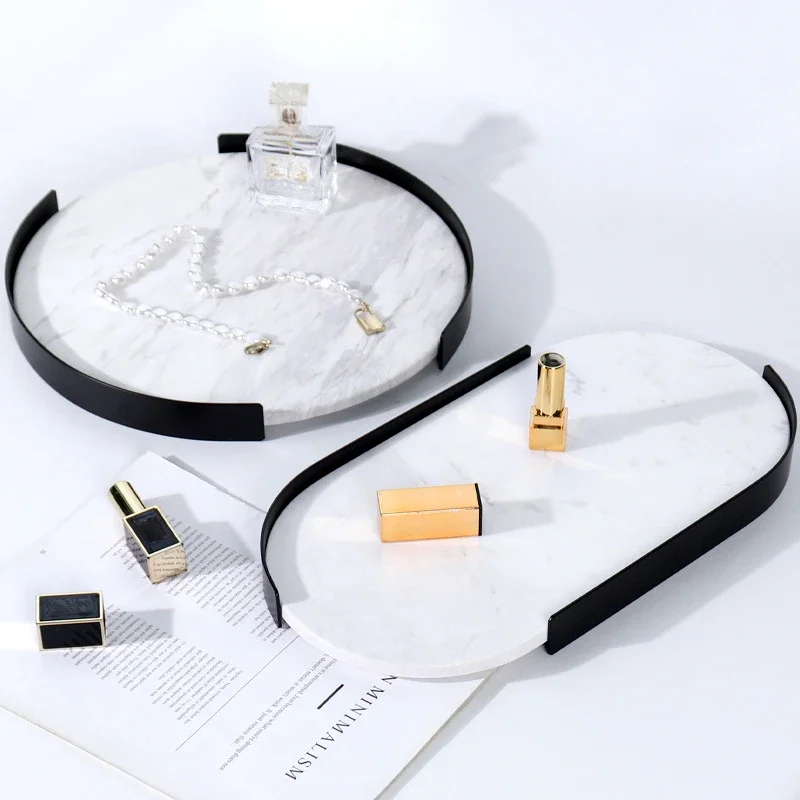 

Natural Marble Black Half Frame Circular Stone Tray Decoration Hotel Homestay Bathroom Toiletries Desktop Jewelry Storage Tray