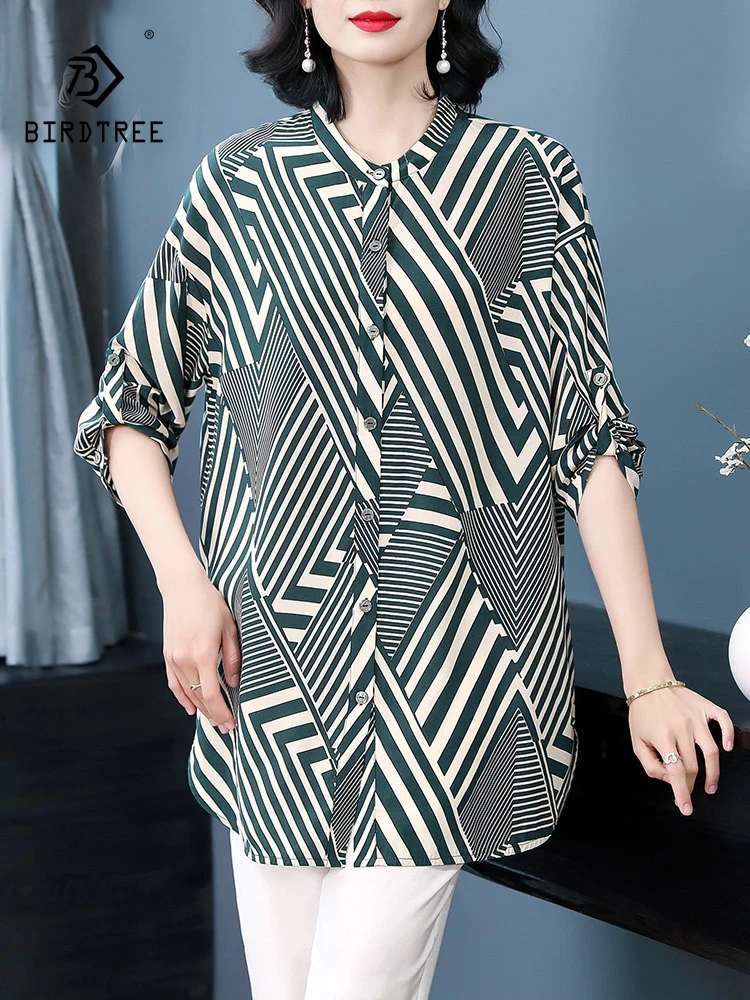 

BirdTree 88.7%Real Silk Elegant Shirt, Women Stand Collar Striped Printed, Retro OL Commute Blouse, 2024 Spring New T42316QC