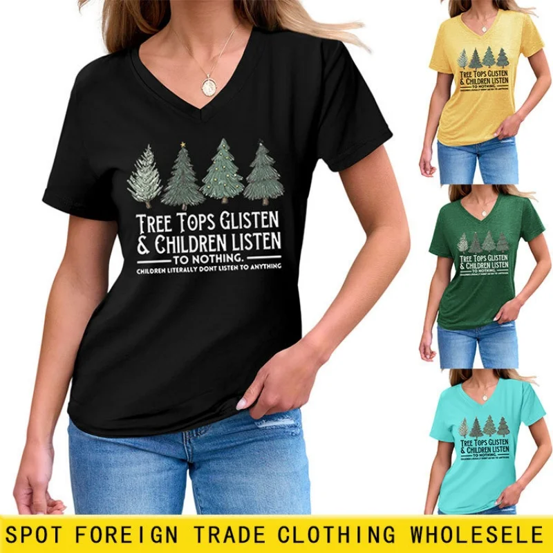 

Летняя женская футболка с V-образным вырезом, длинным и коротким рукавом — модный брендовый дизайн с надписью